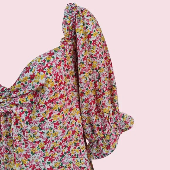 Lush Boho Ditsy Floral Smocked Back Sweetheart Neck Puff Sleeve Midi Dress Sz XL - Picture 9 of 11